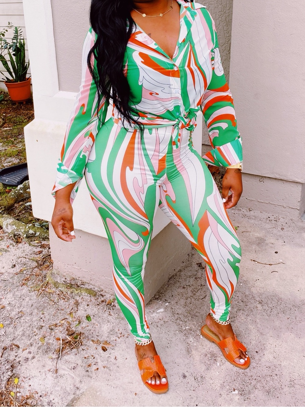 MISSO Green, Red & White Swirl Button-Up Top legging Set